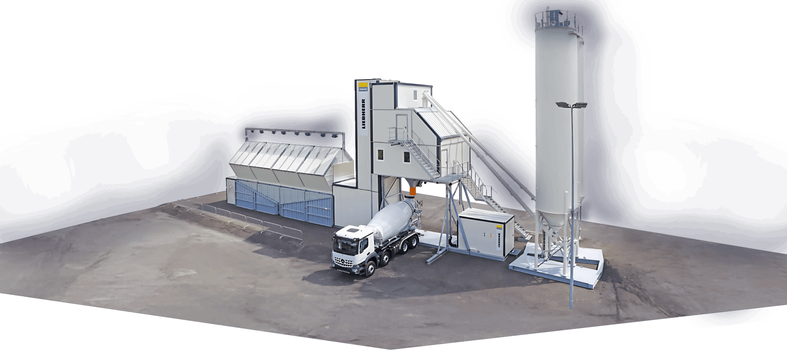 Bumatech Industrial concrete batching plant with silos, mixer truck, and modular storage units, isolated on transparent background